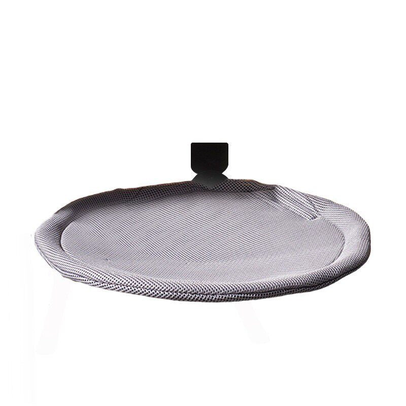 Raised round desk cat bed with grey faux fur on stand, view 7
