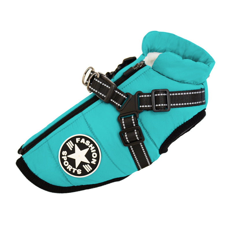 Thick padded winter dog coat in Sky Blue, close-up detail