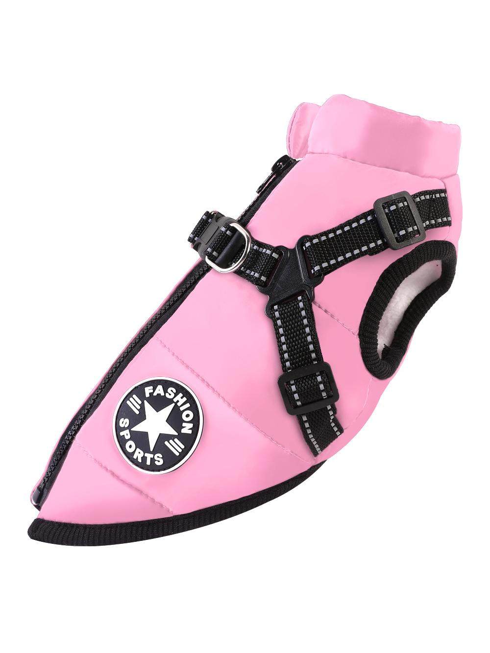 Fleece lined padded dog vest with reflective strips in Purple, showing size and shape
