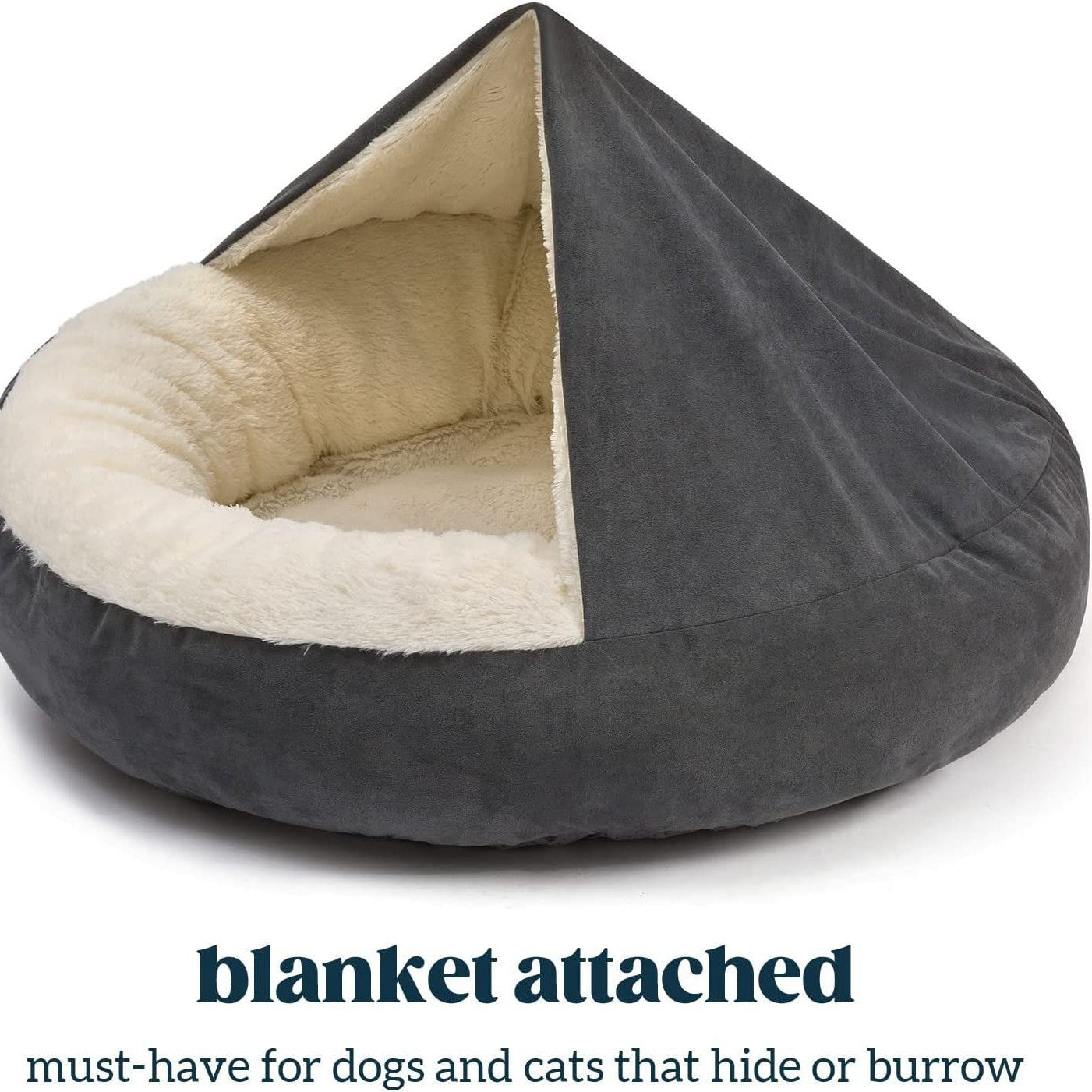 Plush pet house with removable cover and blanket, main product photo