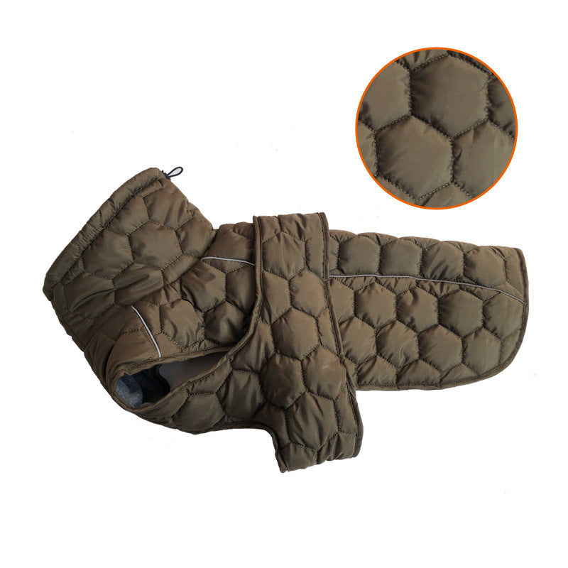 Thick water-repellent dog jacket with reflective trim in Orange, in a home setting