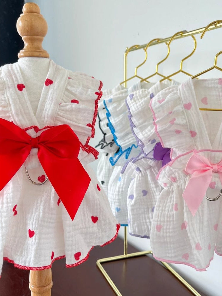 Princess bow cotton cat dress in Red, close-up detail