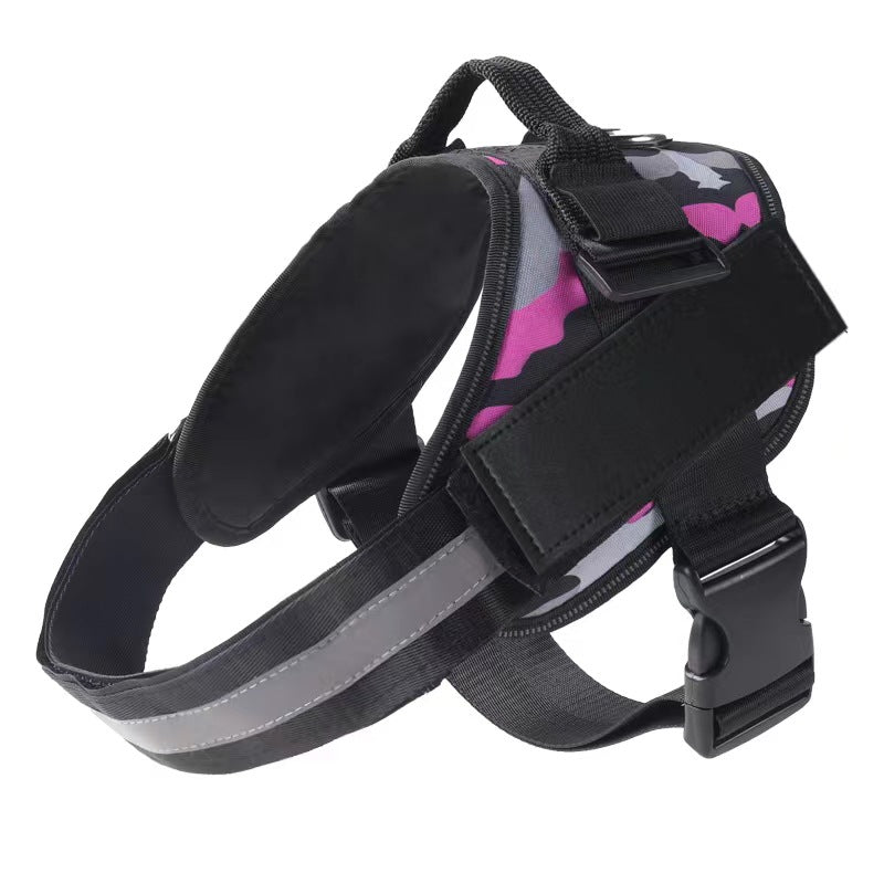 Burst proof dog harness shown in camouflage and bright colours