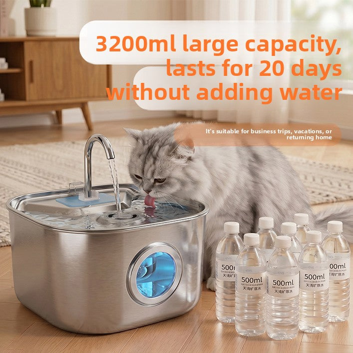 2.5L Stainless Steel Pet Water Fountain with Round Window, 4-Stage Filter and USB Power