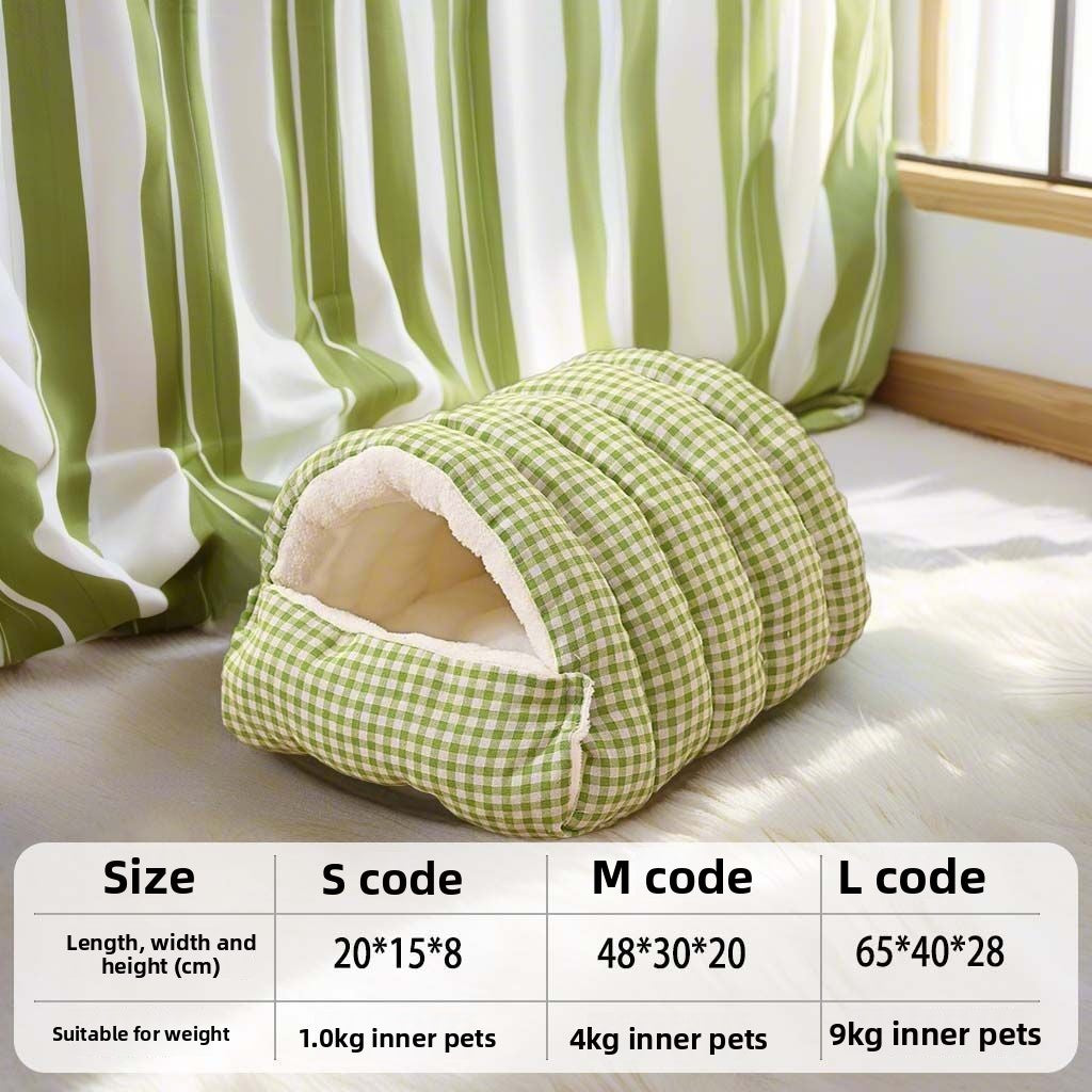 Enclosed warm cat nest with checked fabric and removable cushion, view 11 of 12