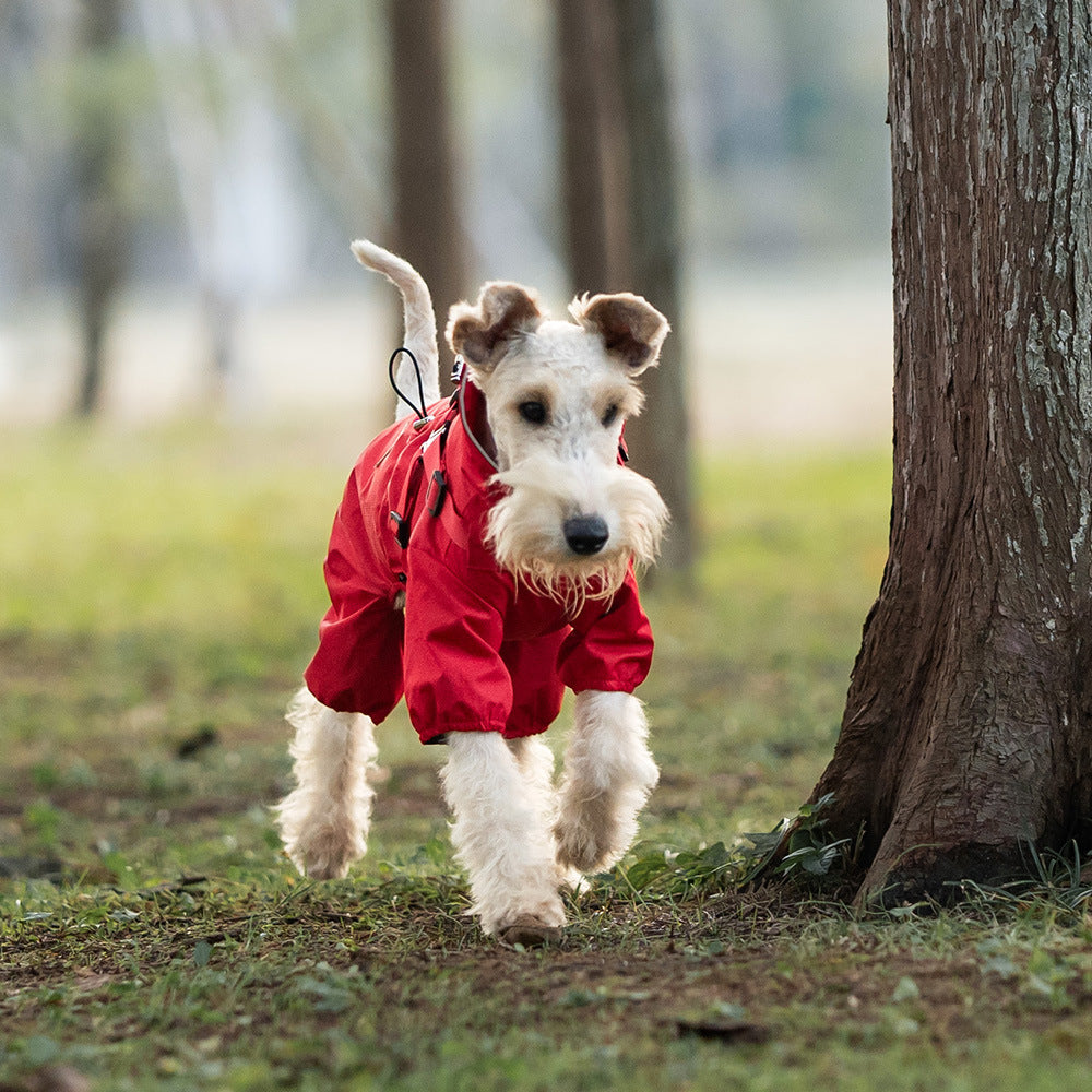 Waterproof four-leg dog raincoat with reflective strips in Dark Grey, front view