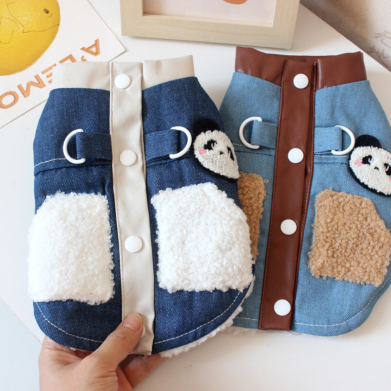 Fleece lined denim pet jacket with panda design in Light Blue Denim, front view