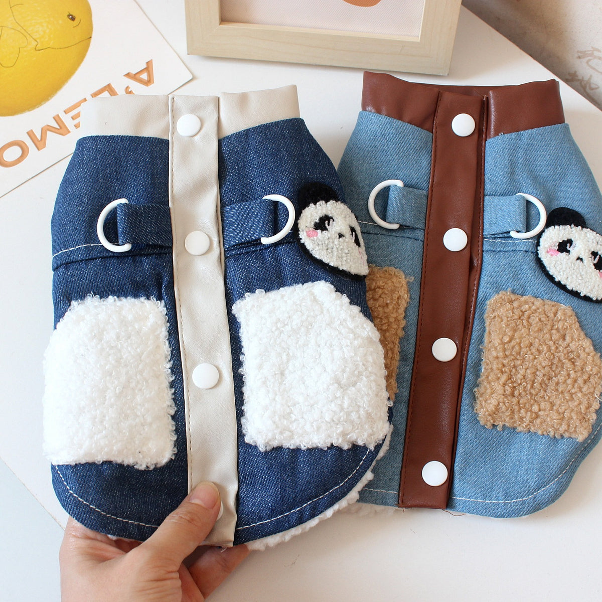 Fleece lined denim pet jacket with panda design in Light Blue Denim, front view