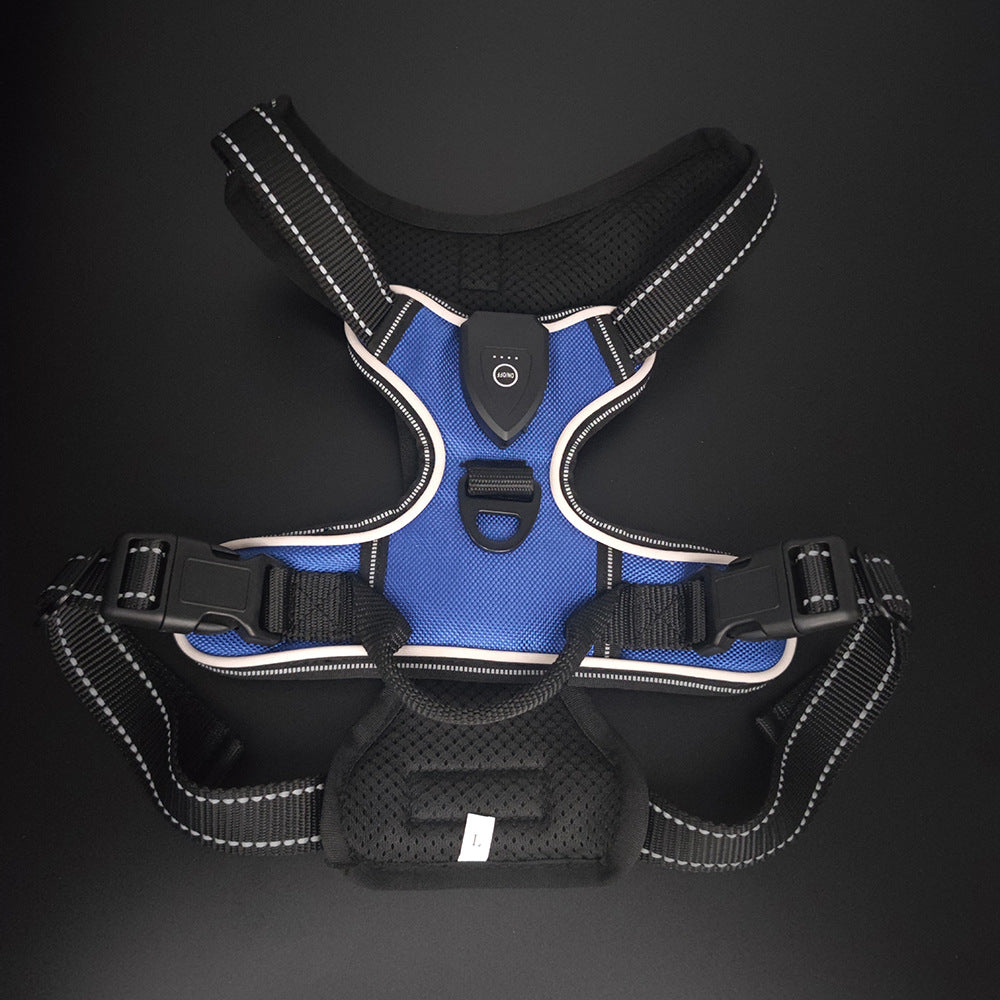 Light up dog harness in grass green, black and dark blue