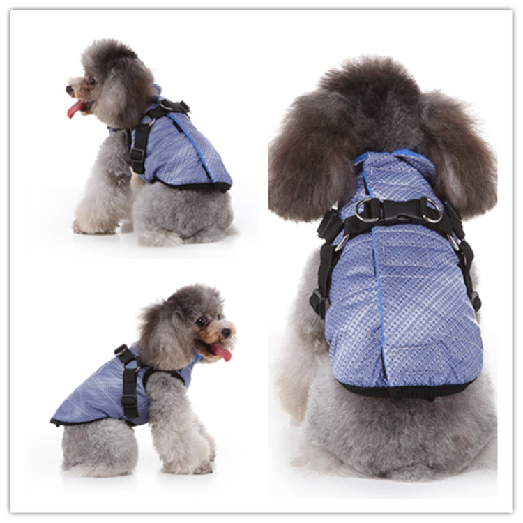 Windproof hooded dog jacket with zip front in Purple Style C, in a home setting
