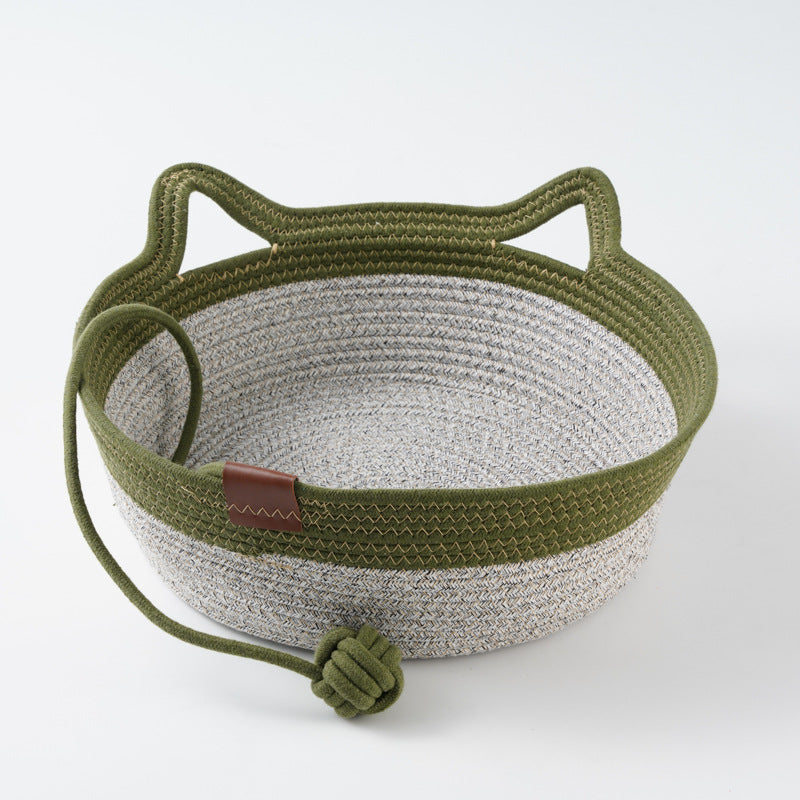 Woven rattan cat bed with cat ears and toy ball, view 71