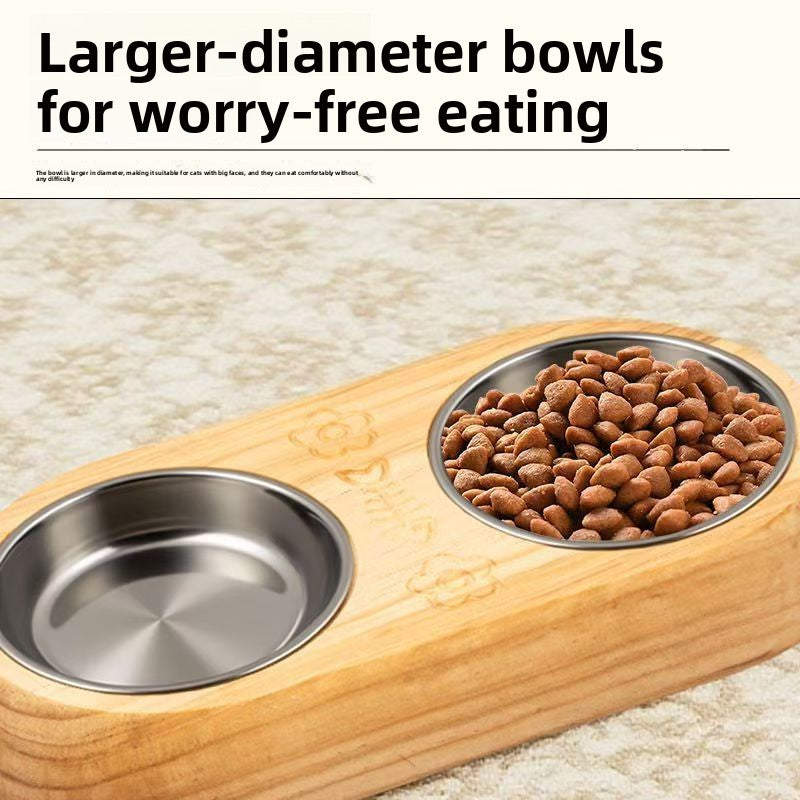 304 Stainless Steel Pet Bowl with Pine Wood Stand and Anti-Spill Neck Rim for Pets