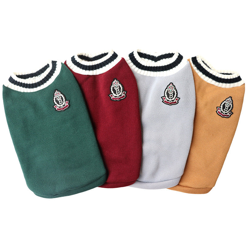 Knitted preppy V-neck pet jumper vest in V-Neck Red, front view