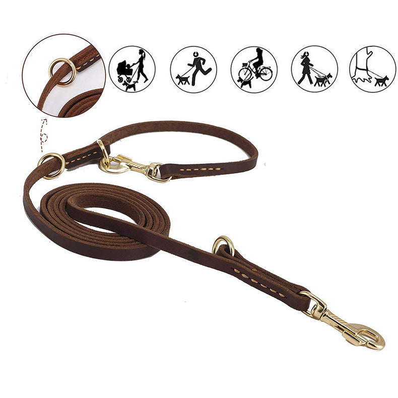 Cowhide leather multi function dog lead with double brass hooks