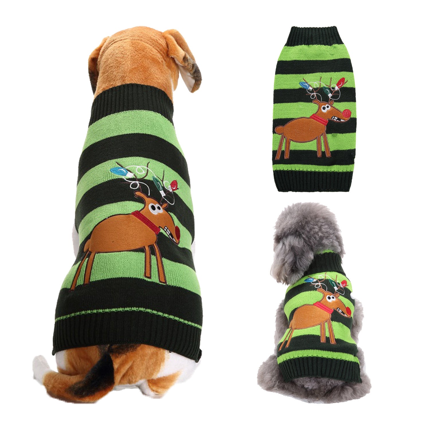 Christmas knitted dog jumper with festive pattern in Blue Christmas Snowman, top view
