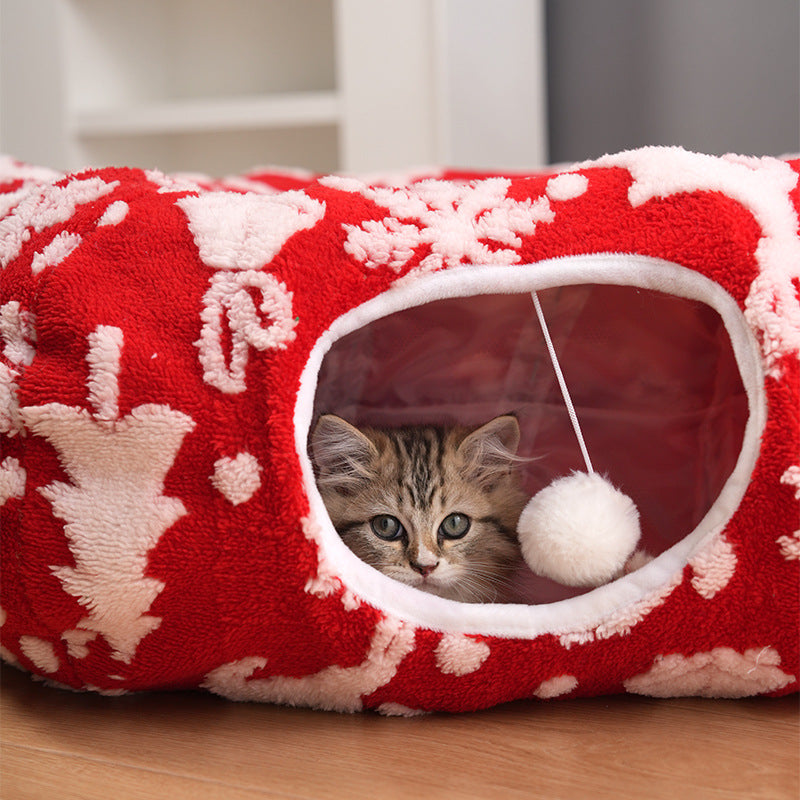 Round Christmas donut cat tunnel bed with festive print, product image 1