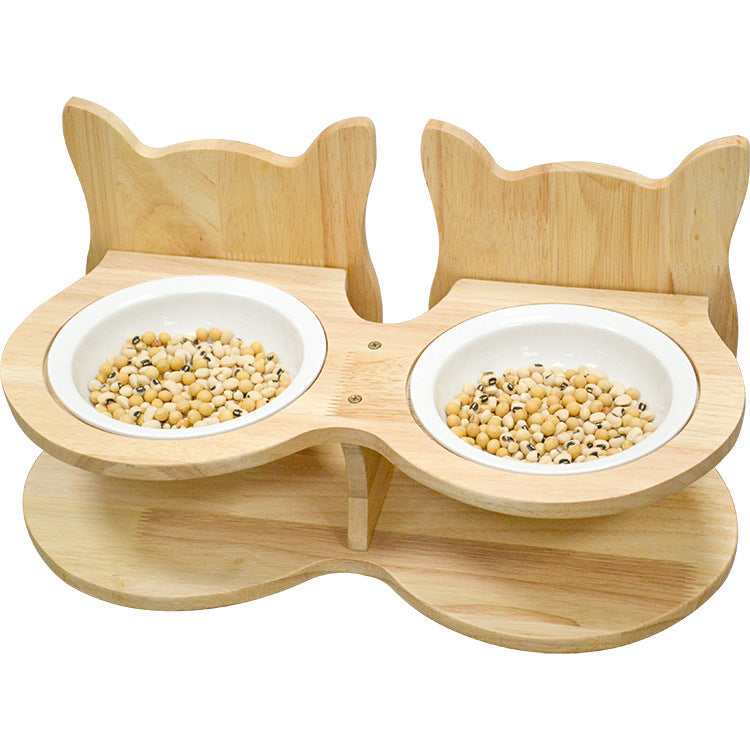 Bamboo pet feeder stand with two ceramic bowls