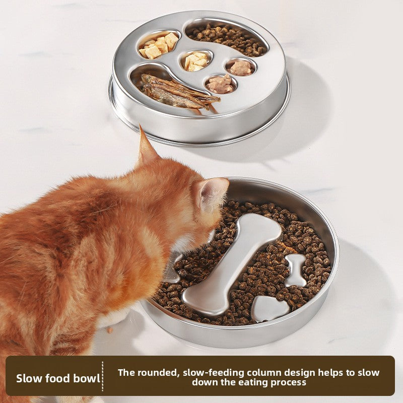 Stainless Steel Slow Feeder Pet Bowl in Bone, Claw or Fishbone Shapes with Stickers