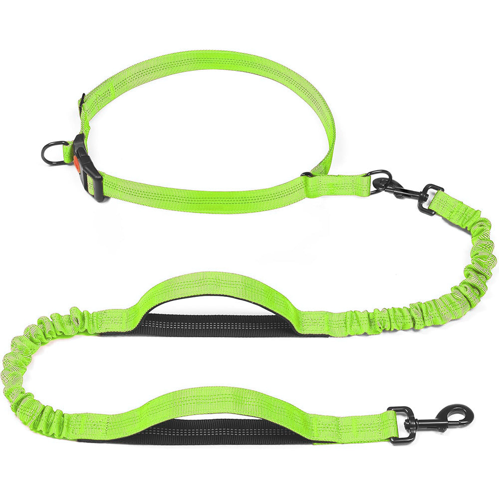 Hands free dual handle bungee dog lead in fluorescent green