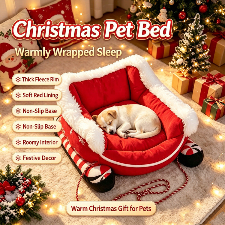 Christmas sleigh pet bed, shown in 2 colours and styles
