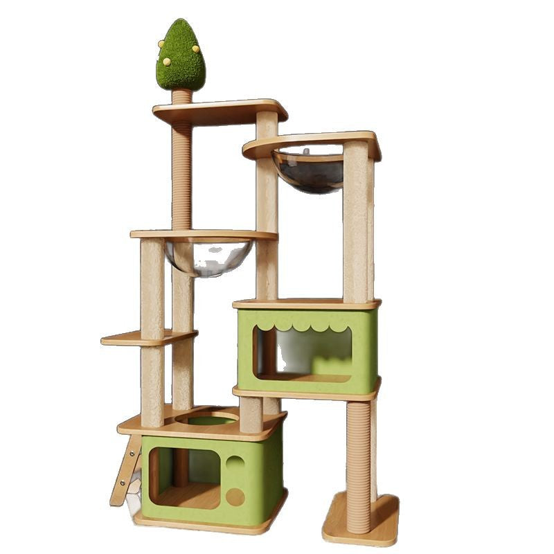 Pine green multi-level cat climbing tower with sleeping pods, photo 5