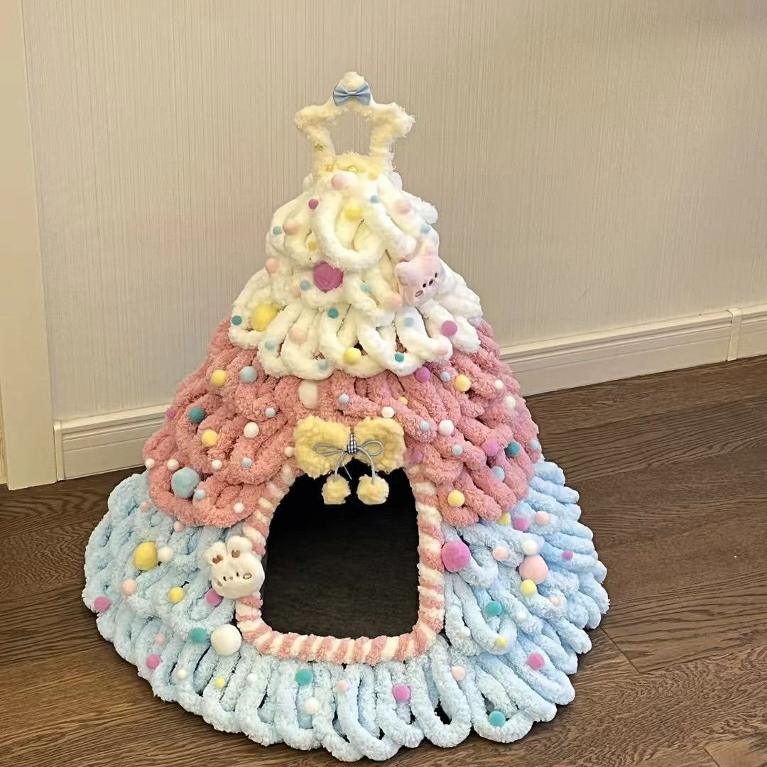 Christmas tree knitted cat nest with soft cushion inside, close-up detail view