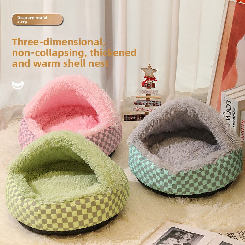 Plaid shell shaped semi enclosed cat bed with plush lining, view 3