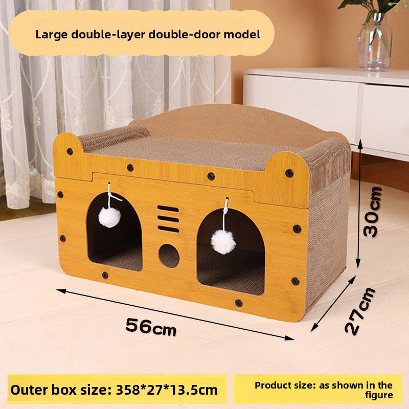 Corrugated cardboard cat scratcher house and den, extra detail view