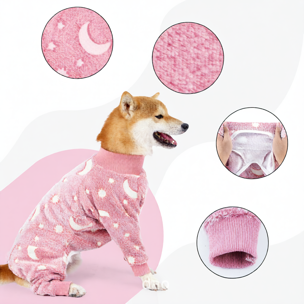 Coral fleece four-leg dog pyjamas in Bone Grey, side view
