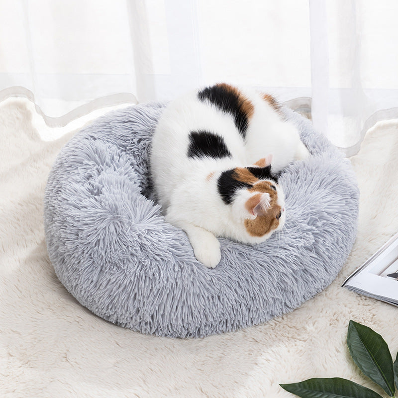 Light grey round plush pet bed with deep nest shape, photo 4