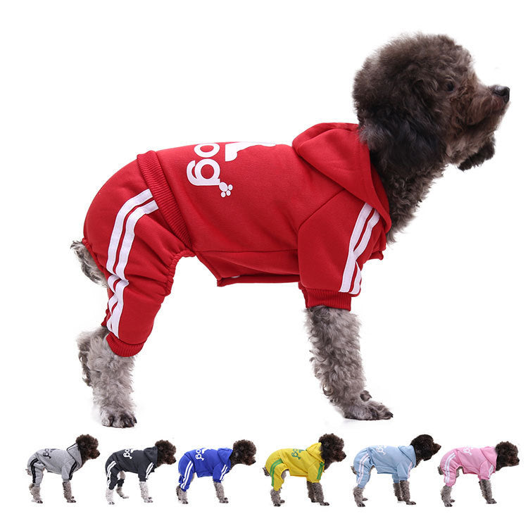 Fleece four-leg dog jumpsuit with button front in Red, front view
