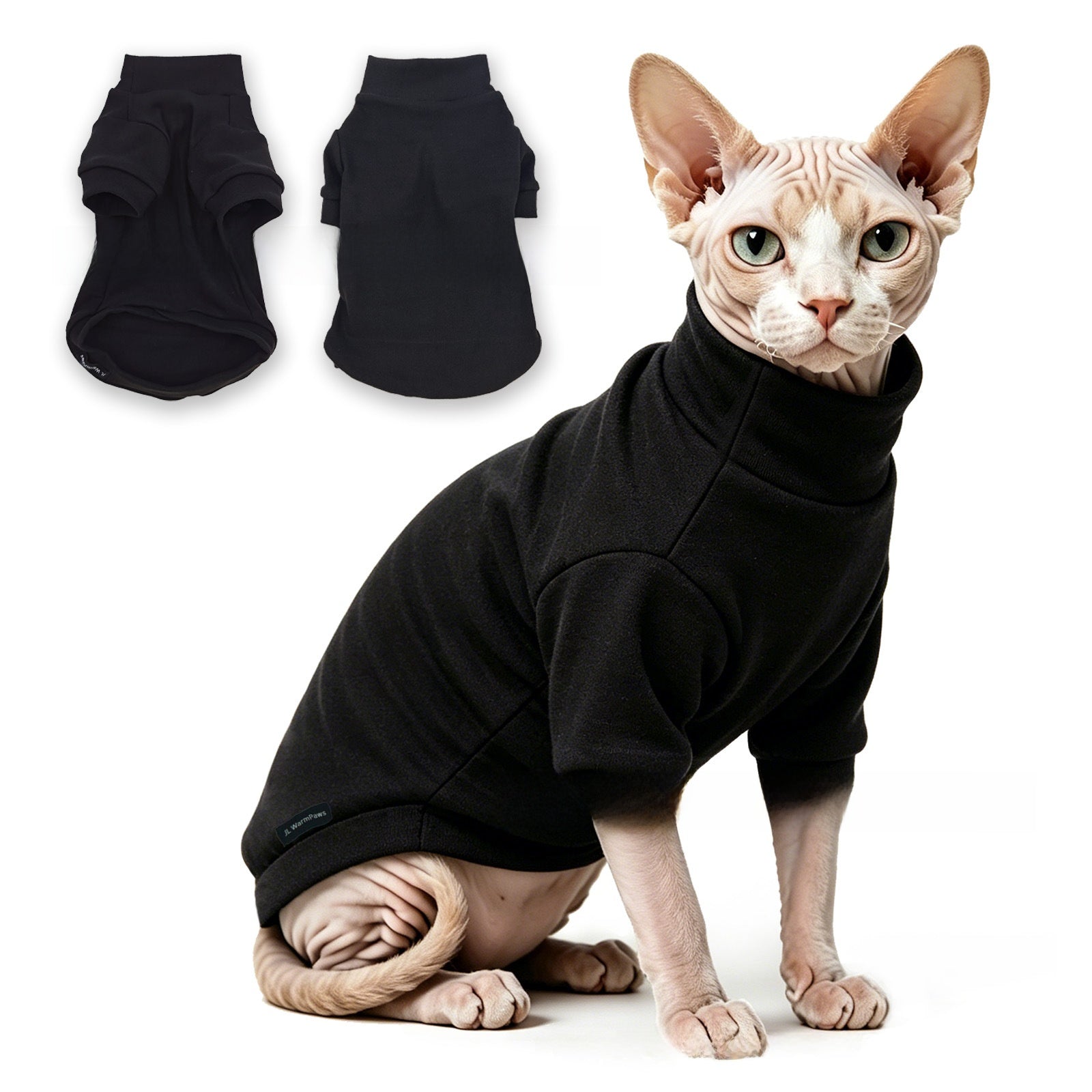 Hairless cat wearing a grey striped belly cover top