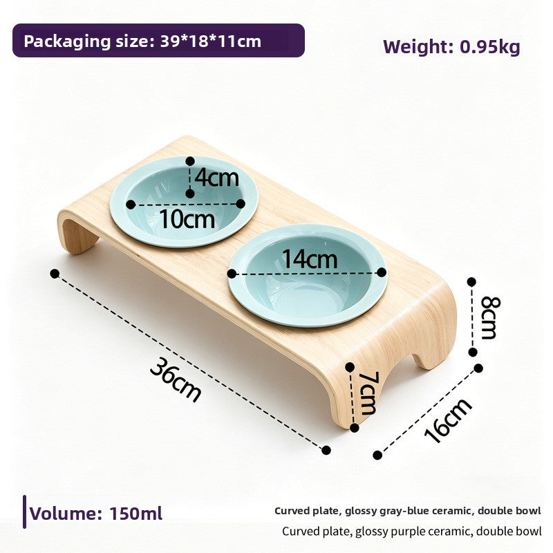 Curved Solid Wood Pet Bowl Stand with Ceramic Double Bowl in Glossy or Matte Colours