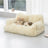 Beige velvet pet sofa bed with raised bolster for dogs and cats