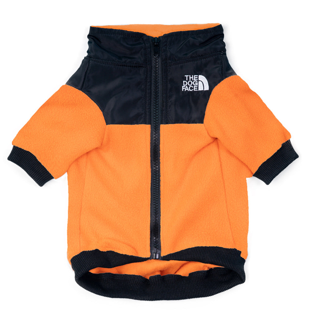 Embroidered fleece two-leg dog jacket in Red, side view