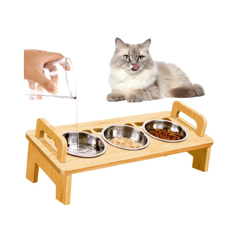 Bamboo elevated cat bowl rack with three bowls, detail photo 5