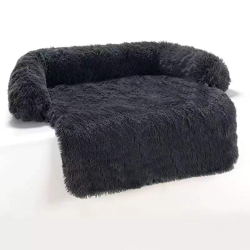 Dark grey long plush curved dog bed with raised sides, photo 11