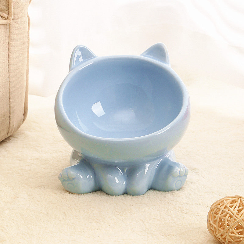 Ceramic Cat Bowl with Angled Mouth and Reaching Hand Designs, Easy-Clean Pet Food Dish