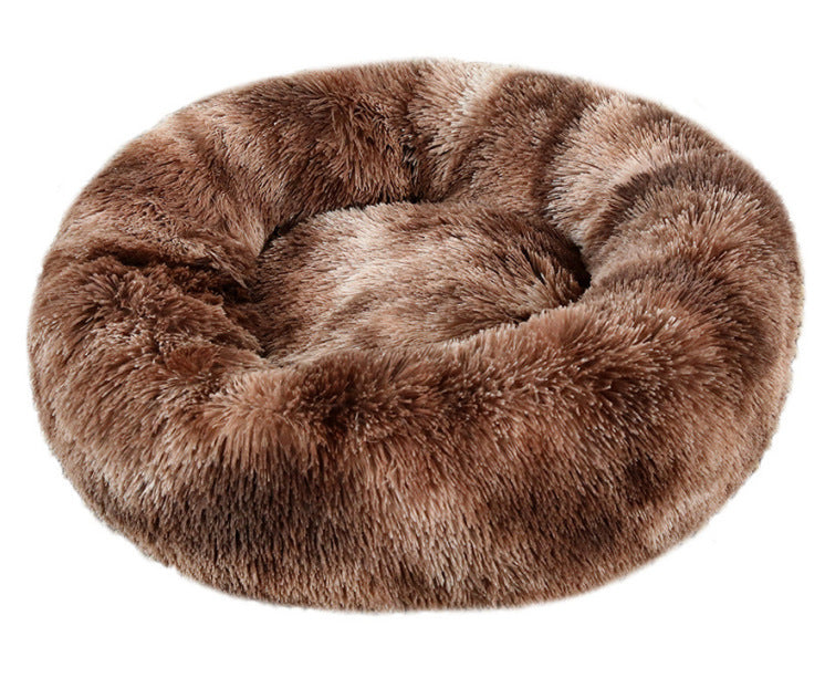 Round long plush nest bed for cats and dogs in Tie-Dye Dark Coffee