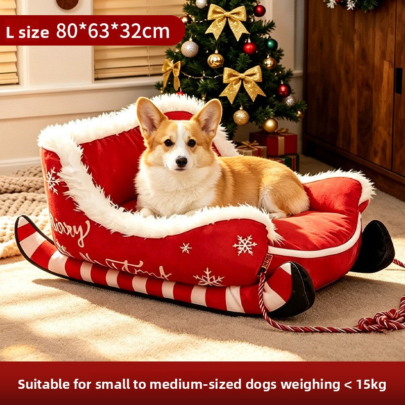 Christmas sleigh pet bed with warm plush lining, photo 7 of 10