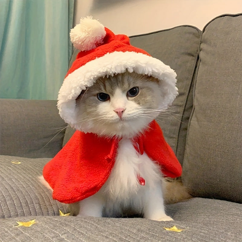 Christmas red cloak and hat set for dogs and cats in Red, front view