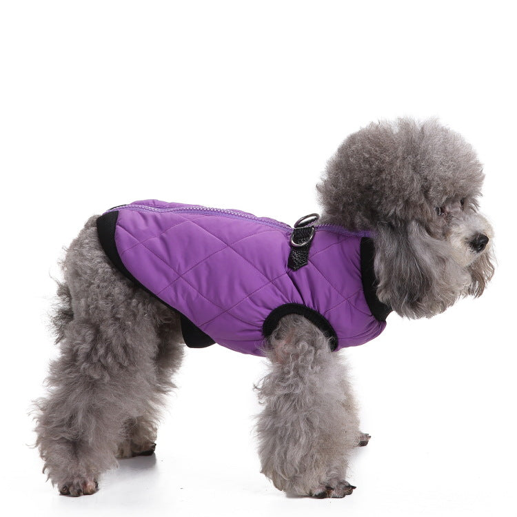 Windproof hooded dog jacket with zip front in Rose Red Style A, front view
