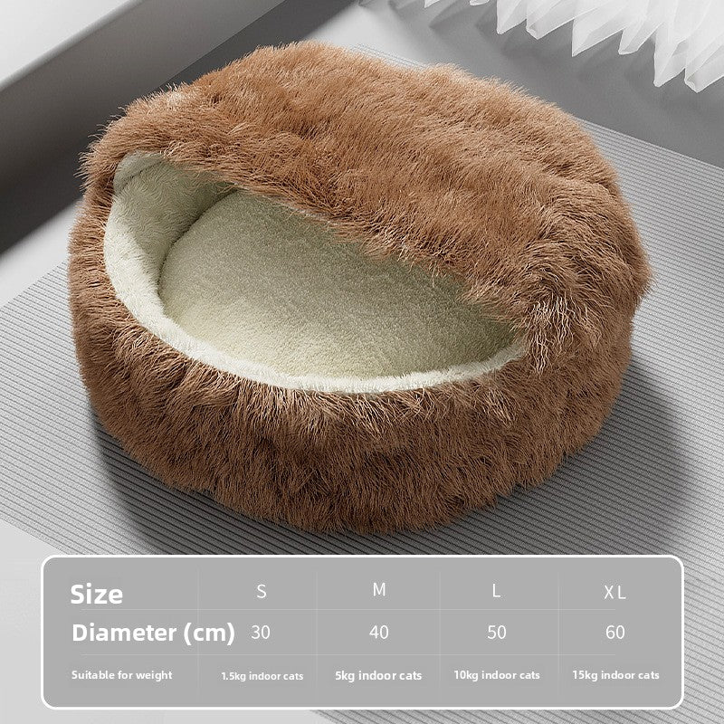 Grey semi enclosed long pile velvet cat bed, view 10