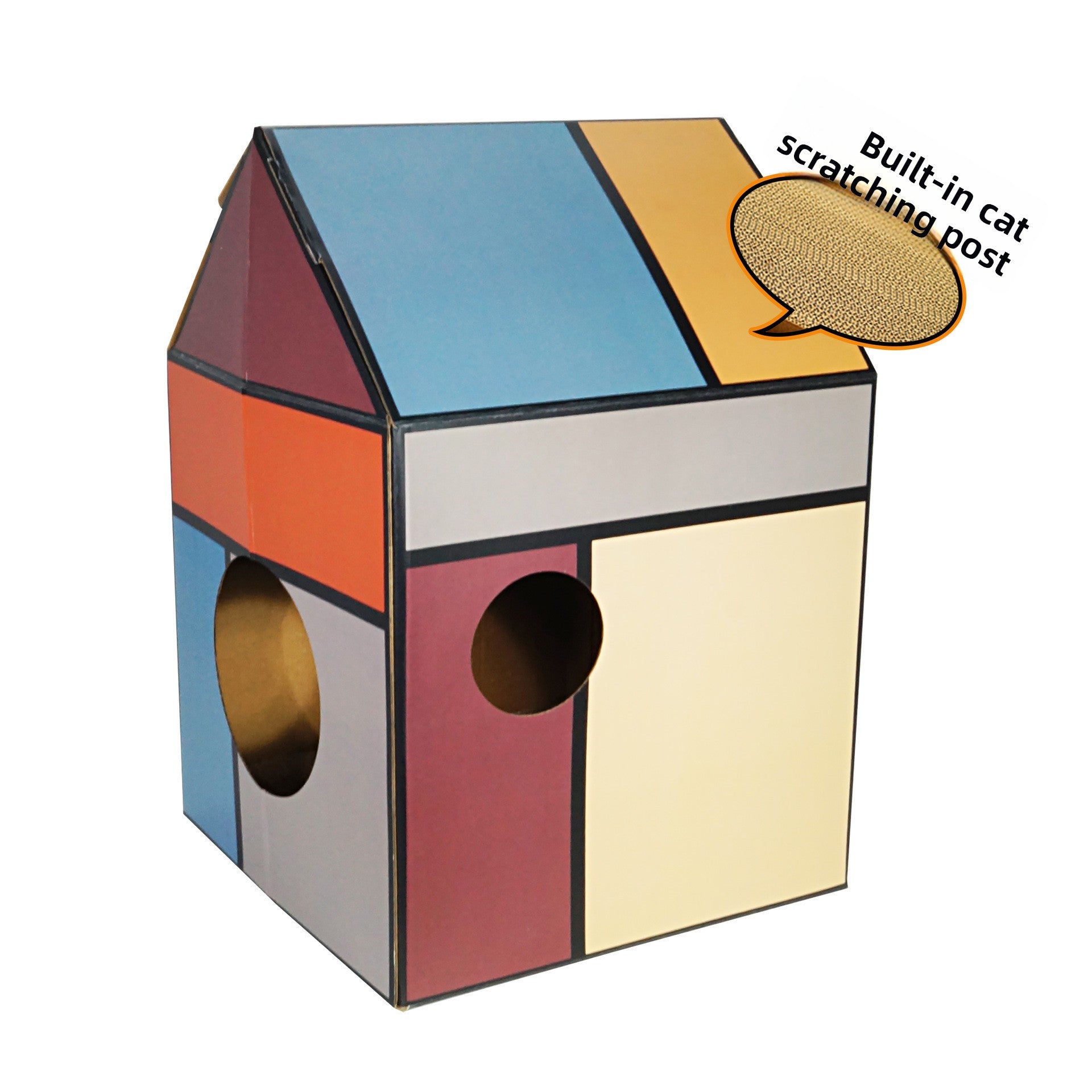 Corrugated cardboard cat nest house with checkerboard print design, view 2
