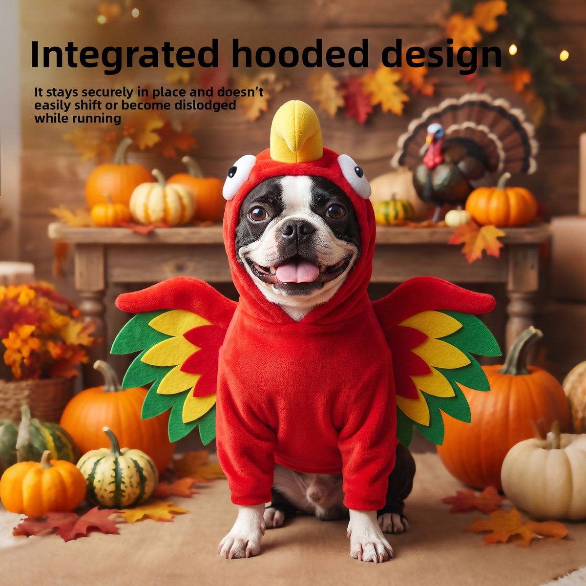 Cat wearing a hooded turkey costume with colourful wings