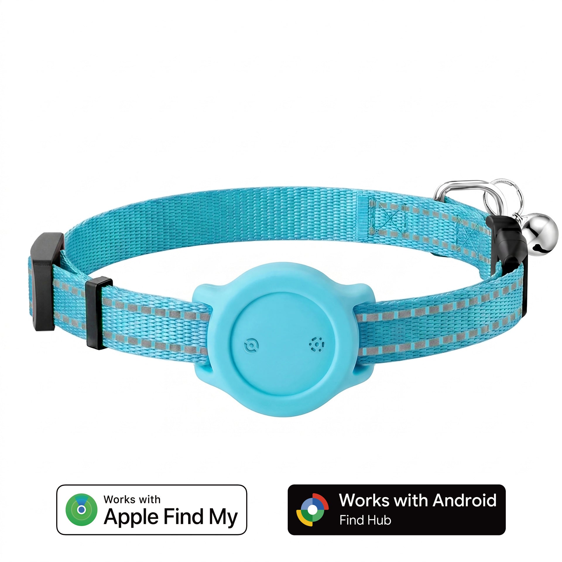 Reflective Bluetooth tracker collar for cats and small dogs, in use with a pet