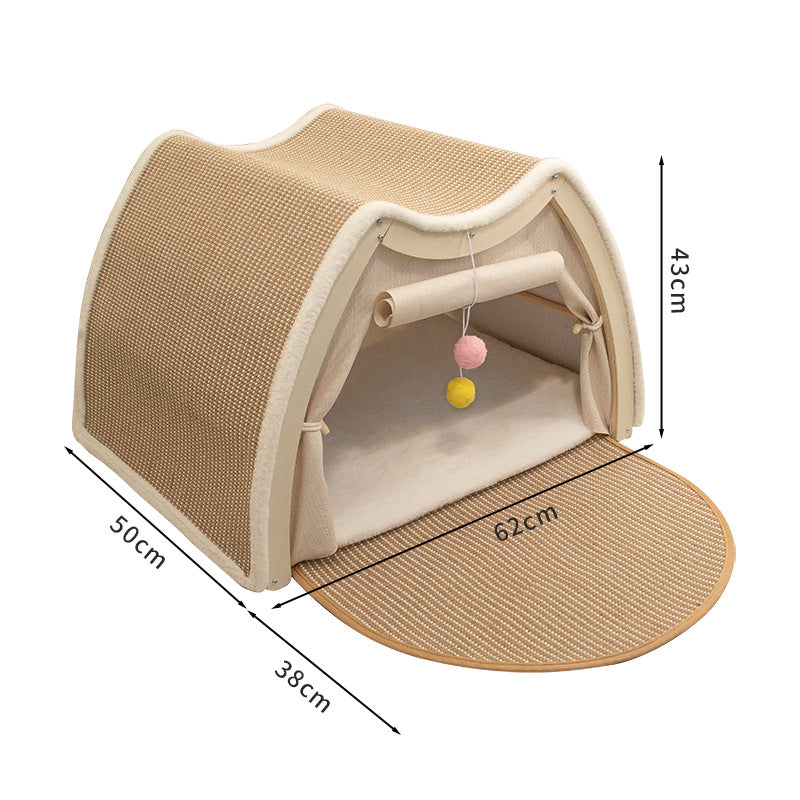 Solid wood enclosed cat tent with sisal scratching pad, view 9