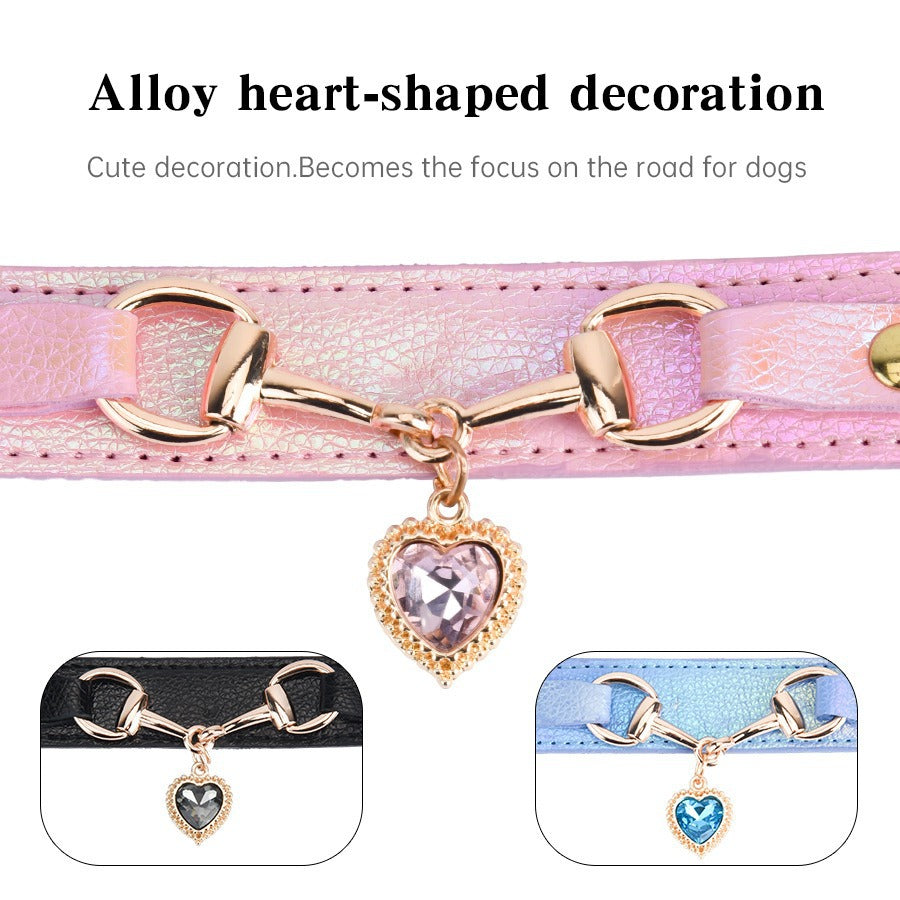 Heart rhinestone PU leather pet collar in Blue, side view