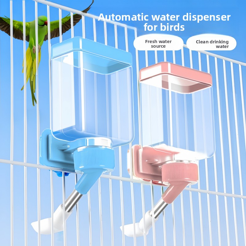 Blue automatic clip on bird water dispenser on cage, view 1