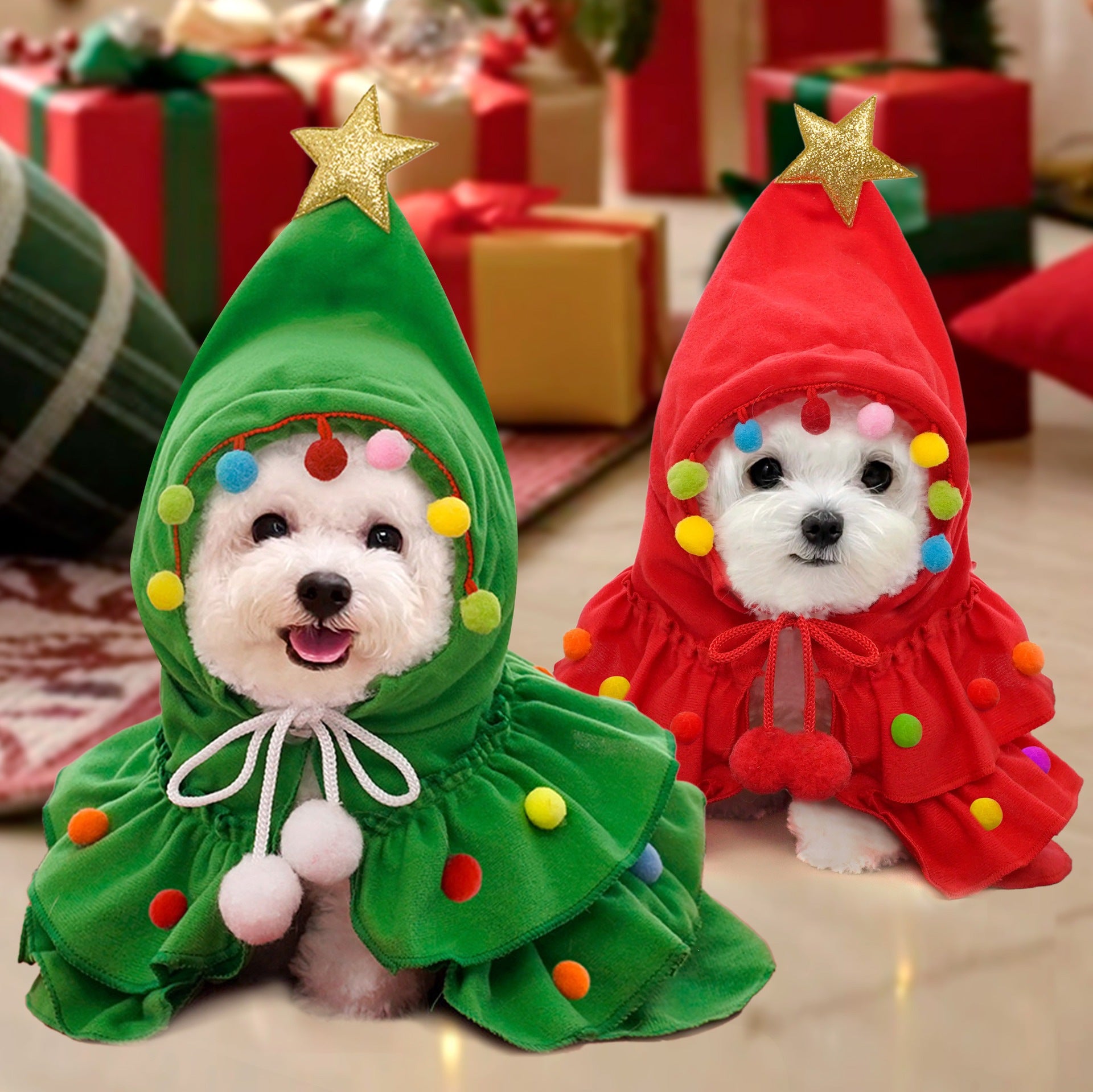 Small dog wearing a green plush Christmas tree cape